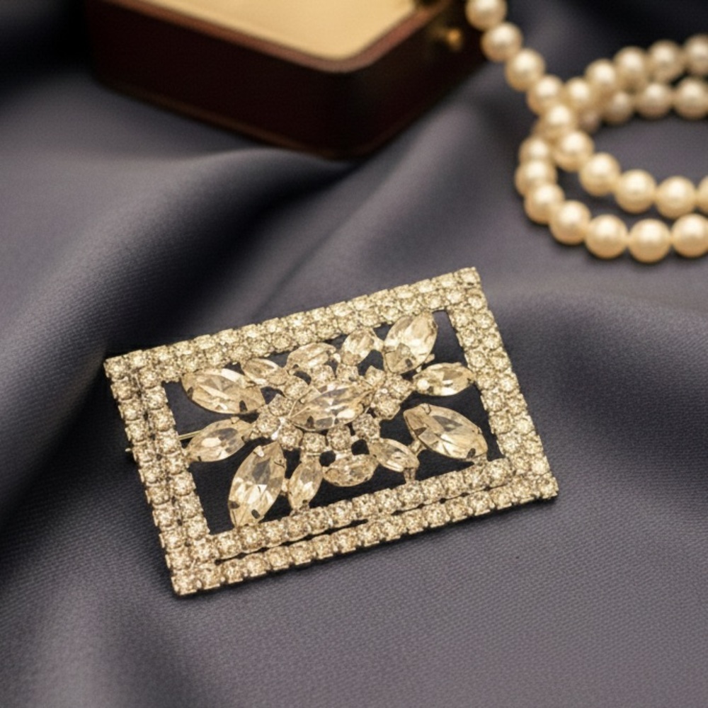 1950s GLAMOUR! Large Rectangular Marquise Rhinestone Brooch